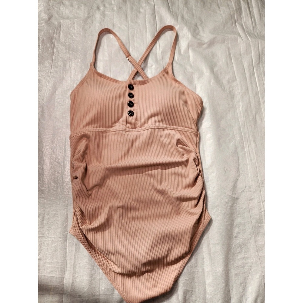 SUMMER MAE Maternity Women's Small Pink Rose Swimsuit Ruched Ribbed Cross Back